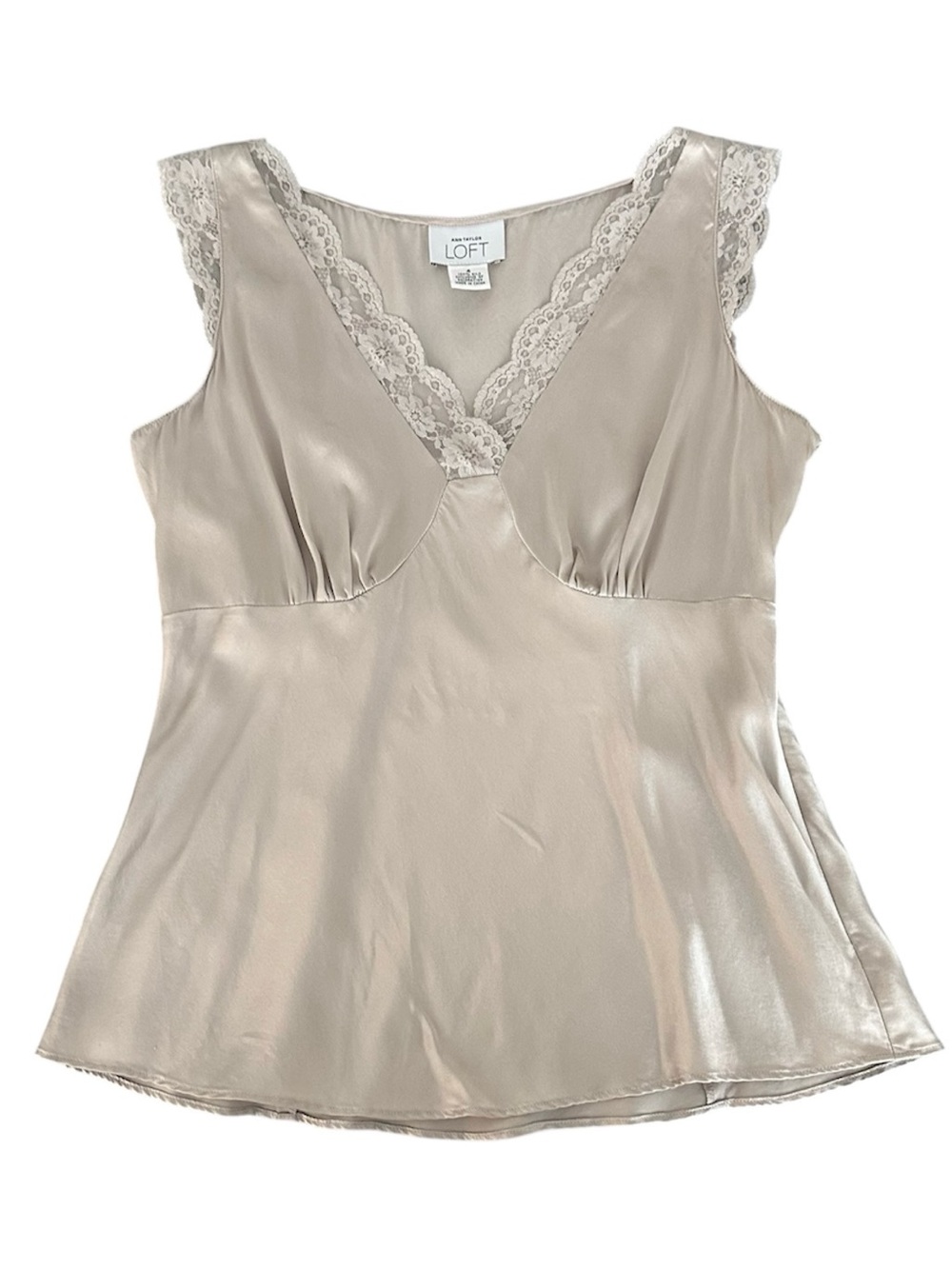 Vintage Y2K Ann Taylor Silvery Beige Lace Trim Silk V-Neck Tank Top Size 4